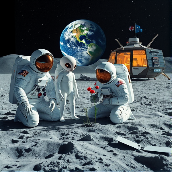 Trois astronautes en combinaison spatiale NASA, finement détaillée en blanc perle avec des accents métalliques chromés, arborant des écussons distinctifs et munis de surfaces réfléchissantes sophistiquées, s'agenouillent sur le régolithe lunaire d'un gris riche en texture. À côté d'eux se tient un extraterrestre géant amical à la peau iridescente qui capte le scintillement des étoiles. Un astronaute se concentre scrupuleusement sur la plantation de graines de pavot dans un substrat fertile à l'intérieur d'un biodôme lunaire transparent équipé d'un système hydroponique avancé, éclairé par une lumière artificielle simulant le spectre solaire pour optimiser la photosynthèse terrestre. Le reflet précis du paysage lunaire est visible dans le visor volumineux de l'astronaute tandis que ses gants sensoriels manipulent avec adresse divers outils spécialisés. En arrière-plan se détache un module lunaire au design avant-gardiste portant fièrement l'emblème du Québec. La Terre en suspension offre une vue saisissante aux teintes fidèles et naturelles. Dispersés autour du site, on trouve des instruments scientifiques d'une grande précision : capteurs environnementaux, moniteurs de croissance végétale dotés d'intelligence artificielle et panneaux solaires flexibles. Un fanion du Manchester City Football Club est disposé à proximité du module habitable, symbolisant le lien entre les sciences spatiales et le sport. Le relief lunaire présente des cratères nettement dessinés et des monticules réalistes qui contrastent avec les installations humaines sur ce territoire extraterrestre. L'éclat doux et diffus illumine la scène sous un ciel nocturne étoilé où les constellations sont représentées avec exactitude, se fondant dans un gradient allant du noir profond au bleu outremer vibrant, avec également un drapeau acadien près du biodôme ainsi qu’un vaisseau extraterrestre et plusieurs autres êtres venus d’ailleurs près du site, accompagnés d'un drone extra-terrestre technologique sans oublier le fanion représentatif du drapeau des patriotes québécois