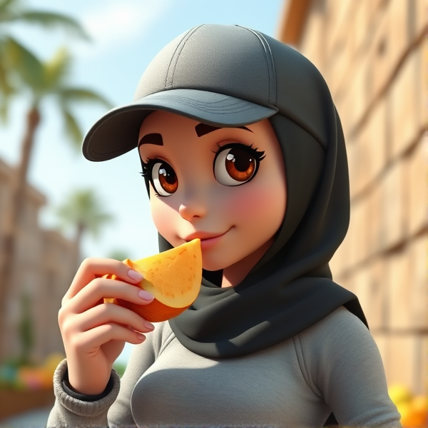wide angle picture of a cartoon white Palestinian princess with muscles wearing a baseball cap wearing a long sleeve shirt with a black hijab, brown eyes, snacking on fruit make it 3d and realistic