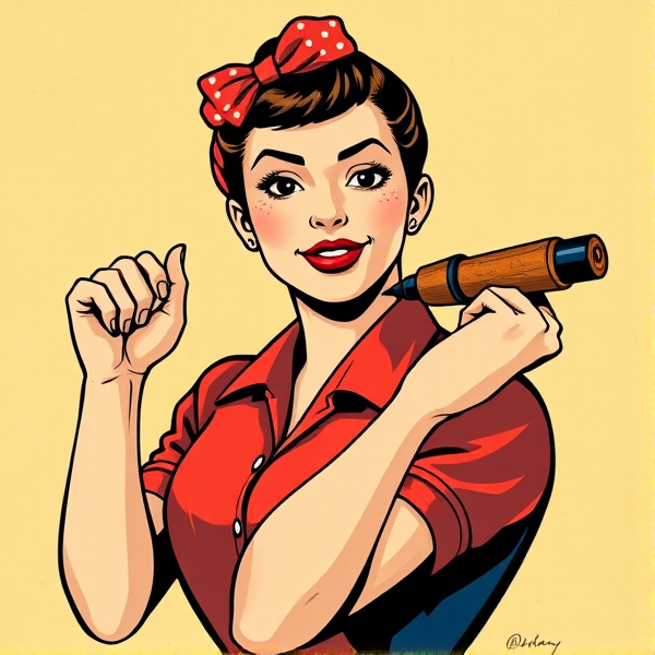 Rosie the riveter holding a curling stone