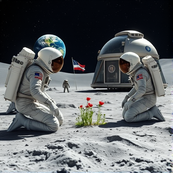 Trois astronautes en combinaison spatiale hautement détaillée de style NASA avec nuances de blanc perle et d'acier chromé, marquages distinctifs et éléments réfléchissants, agenouillés sur le sol lunaire gris poussiéreux à la texture riche. Ils sont accompagnés d'un extraterrestre géant amical, dont la peau iridescente capte l'éclat des étoiles. L'un des astronautes, méticuleux dans ses gestes, se concentre sur la plantation minutieuse de graines de pavot dans un substrat enrichi situé dans un biodôme lunaire transparent abritant un système hydroponique avancé sous une lumière à spectre complet simulant les conditions terriennes pour la photosynthèse. Son casque spacieux reflète parfaitement les alentours lunaires et ses gants équipés de systèmes tactiles manipulent des instruments spécialisés avec précision. En arrière-plan, un module d'atterrissage au design sophistiqué affiche fièrement le logo du Québec. La Terre suspendue offre une vue spectaculaire aux couleurs naturelles tandis que divers instruments scientifiques ultra-précis sont dispersés autour du site : capteurs environnementaux, moniteurs de croissance végétale avec I.A., panneau solaire flexible. Un fanion du Manchester City Football Club flotte près du module habitable, évoquant un partenariat entre les sciences spatiales et le sport. Le paysage lunaire présente des cratères nets et monticules réalistes contrastant avec l'empreinte humaine. La scène est illuminée par une douce lumière diffuse sous un ciel nocturne étoilé présentant constellations précises dans un dégradé allant du noir ébène au bleu outremer