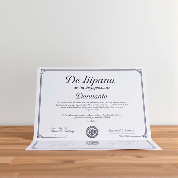 Diplôme écrit en français posé sur une table