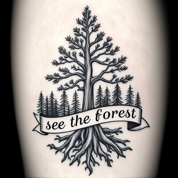 Tattoo featuring an intricate, detailed pine tree with roots extending into a fine-line forest landscape. Wrapped around the tree in a graceful, flowing banner is the phrase "see the forest for the trees" in a classic calligraphic font, emphasizing clarity and readability. The design is rendered in black and white with shading to give depth and texture, aiming for a balance of simplicity and elegance that captures the proverb's wisdom.