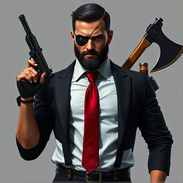 A highly detailed, full-body portrait of John Abraham Marston, an embodiment of the quintessential rugged male operative. He sports a short, jet-black haircut and a meticulously groomed beard that contours his jawline and highlights his resilience. His left eye is obscured by a tactical eyepatch, beneath which runs a pronounced scar—a silent chronicle of his combat experiences and the resultant loss of vision. Poised with an air of cultivated authority, he is dressed in a crisp white button-down shirt neatly tucked into expertly fitted black trousers, held up by shining leather suspenders. A vivid red tie adds a pop of color to his ensemble. His look is completed by a bespoke black blazer with discreet Kevlar reinforcement for discreet protection, hinting at the dangers inherent in his line of work. Shiny dress shoes anchor his feet, reflecting the seriousness with which he approaches his duties. Equipped for engagement, John carries Desert Eagles with matte black finishes and custom green laser sights for supreme accuracy. Overlapping behind him in an X configuration are his signature melee implements: a razor-edged katana and a robust fireman's axe—silent affirmations of readiness for hand-to-hand conflict. These elements underscore his allegiance to "the agency," where he navigates the shadowy corners of society while silently battling alcoholism as a means to manage post-traumatic stress disorder symptoms. His left arm reveals cybernetic enhancements acquired from past experimentation