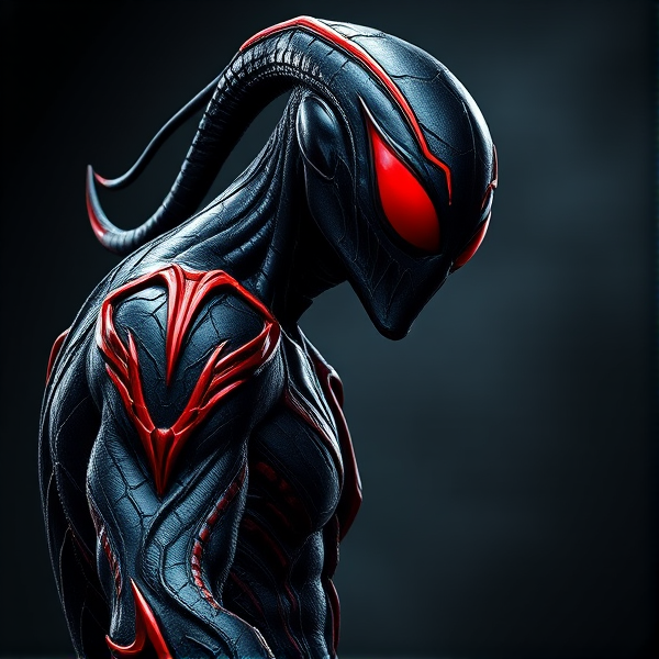 Créer une image d'un symbiote noir et rouge avec une lame rouge sur le bras