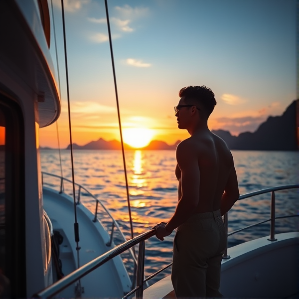 Generate of a slim boy looking at sunset on yacht in Thailand