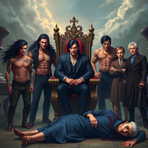 An atmospheric landscape portrays seven distinct brothers, each manifesting one of the seven deadly sins. At the center, Pride sits regally on a throne, with flowing long black hair and a commanding crown atop his head, exuding an air of superiority. To his side, Wrath stands with unkempt black hair partially obscuring his fierce red eyes; he's clad in a leather jacket and pants ensemble, his skin adorned with intricate tattoos and numerous piercings signaling his aggressive nature. Greed is dressed sharply in a tailored designer suit that accentuates his striking lavender eyes, hands decorated with lavish gold rings and a thick gold chain around his neck symbolizing his insatiable desire for wealth. Envy is garbed as a solitary traveler, casting jealous glances with piercing green eyes at what others possess. Gluttony appears paradoxically lean despite representing overindulgence, standing atop a table as if to showcase his never-ending hunger for more. Lust has pale hair complementing icy blue eyes and wears seductive clothing that hints at an enticing charisma; his expression is one of playful temptation. Finally, Sloth lies lethargically on the ground enveloped by heavy blue robes, exuding tiredness from every pore on his wearied face