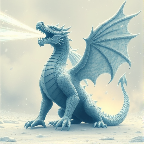 An intricately carved ice dragon statue stands fiercely, emitting a powerful beam of ice from its open beak, directed towards a majestic, five-headed dragon soaring amidst the chaos of a raging blizzard storm, with snow and wind swirling around the scene