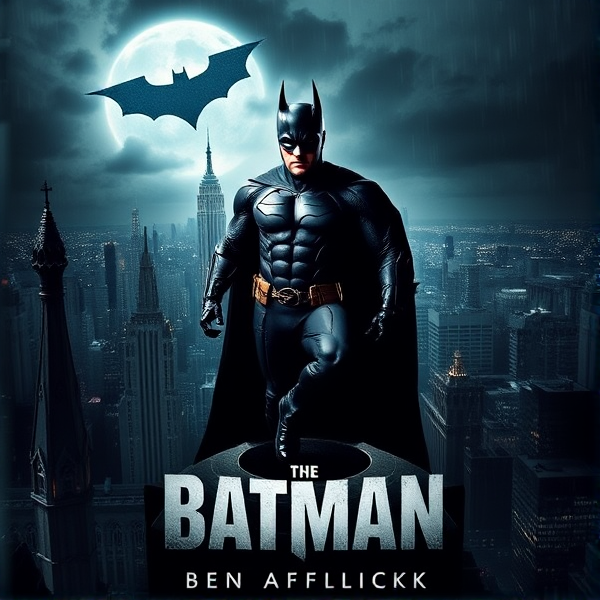 The Batman Ben Affleck Movie Poster, highly detailed and realistic, featuring a brooding Ben Affleck in the iconic Batsuit standing atop a Gothic building overlooking Gotham City, with the Bat-Signal shining brightly in the night sky above him, dramatic and moody lighting with deep shadows and intense highlights, title of the movie in bold metallic lettering at the bottom