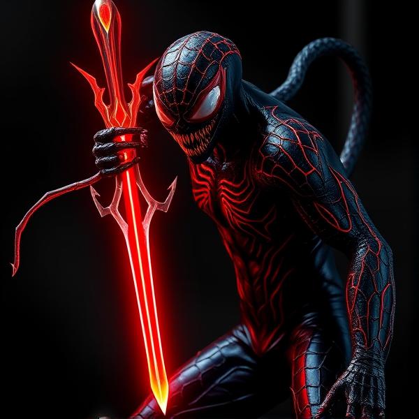 Créer une image d'un symbiote dynamique aux teintes noir et rouge, avec des motifs élaborés sur son corps évoquant une texture organique. Le symbiote possède un bras transformé en lame rougeoyante, complexe et détaillée, reflétant une lumière sinistre. L'ambiance générale est sombre mais intense, mettant en valeur la dualité du personnage.