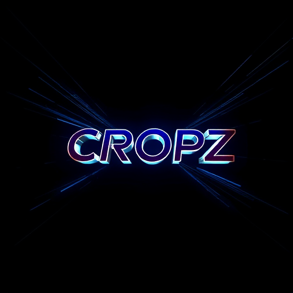 Create a visually arresting 3D logo for "CROPZ" that exudes ultra-modern, sleek design elements with bold sans-serif typography which dynamically bursts forth from a pitch-black background. Infuse the artwork with electrifying light beams inspired by the Capcut app icon's luminosity, casting profound shadows and creating striking highlights across the logo's contours. Incorporate a fusion of cutting-edge curves, crisp edges, and fluid lines to convey both rapidity and elegance. The logo should be enveloped in a metallic skin exhibiting a lustrous, mirror-like finish to dramatically bounce off light, imbuing it with an essence of vigorous motion.

Draw upon Pixar's hallmark of incisive imagery and pronounced geometric shapes, injecting the tableau with a lively color spectrum and polished surfaces for additional depth. Utilize rendering techniques paralleling Unreal Engine's hyper-realism and Octane Renderer's ray tracing capabilities to achieve mesmerizing reflections, alongside V-Ray's sophisticated lighting effects to accentuate the mood.

Strive for an overwhelmingly surreal visual spectacle that flirts with sci-fi elements, deliberately exaggerating every aspect for maximal impact. This creation ought to be perceived as audaciously lavish, overtly eschewing any inclination towards subtlety or minimalism.