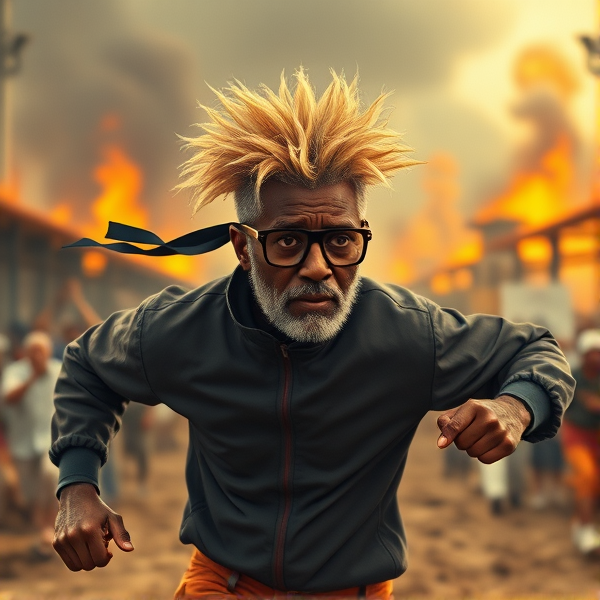 An older African man wearing square framed glasses running left to right like Naruto during the biblical apocalypse