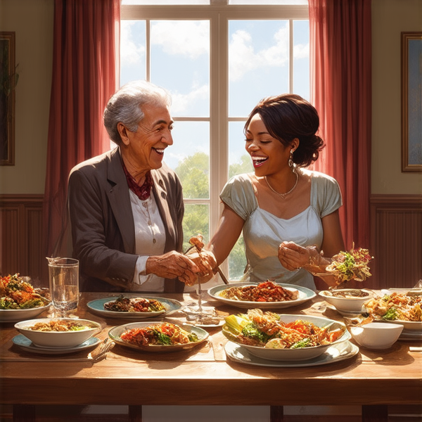 famille nombreuse africaine animée et souriante, partageant des rires et des conversations chaleureuses autour d'une grande table en bois abondamment fournie en mets traditionnels colorés et appétissants typiques de la 'soul food'. Différentes générations, des grands-parents aux petits-enfants, dégustent ces plats dans une salle à manger éclatante de lumière et décorée avec goût pour l'événement, où la joie et la convivialité rayonnent