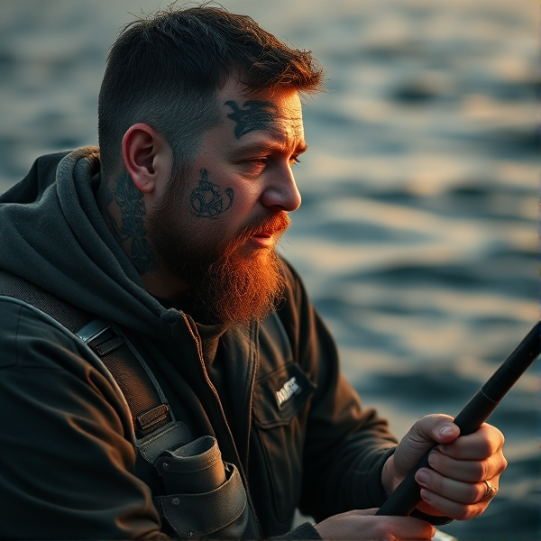 Man with tattoos on his face fishing