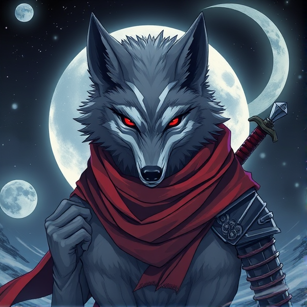 Loup roublard maitre de la lune avec un écharpe rouge autours du cou et avec deux épées dans le dos et il y a les yeux rouges