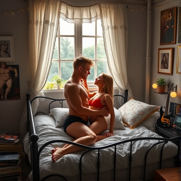 Serene college dorm room bathed in moonlight, delicate gossamer curtains with floral embroidery and lace edges letting ethereal beams filter through. Silvery light accentuates the eclectic decor, from weathered rock band posters to Renaissance mythological paintings. An ornate wrought iron bed with crumpled Egyptian cotton sheets and fluffy goose feather pillows cradles a pair of lovers. The man's chiseled features and golden hair echo classical sculpture, while his sun-kissed skin glows in the lunar glow as he holds his partner close. Beside him is a woman with athletic grace, her long hair resembling liquid gold, her face reflecting post-love bliss.

Their locked gazes speak volumes of unspoken desire; an open window framed by jasmine lets the night peer into this intimate space. The room is littered with signs of academia: walls covered in abstract art and indie concert photos, book piles from different eras, and a desk scattered with study materials beside a lit laptop.

Personal touches include a steel-string guitar against vinyl records, twinkling fairy lights for charm, and vibrant succulents on the windowsill. This image is a celebration of youthful love intertwined with scholarly life, each element resonating with their uninhibited passion. Their satisfied expressions promise future romantic escapades—a confident man knowing pleasure given; an eager woman anticipating further closeness. Their realistically rendered faces convey their innermost feelings.

The man's physique is highlighted by sleek black boxer briefs that outline his muscular thighs and waist as they exchange looks of raw attraction.