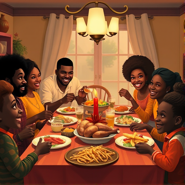 repas chaleureux d'une grande famille afro-américaine réunie autour d'une table festive, sourires et complicité, cuisine traditionnelle, intérieur accueillant