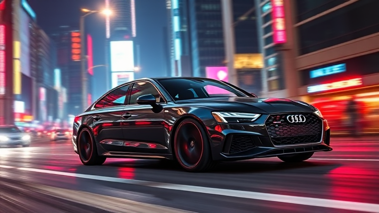 Audi RS6 in a dynamic, high-speed chase through a futuristic cityscape at night, with reflections of neon lights on its sleek, metallic surface
