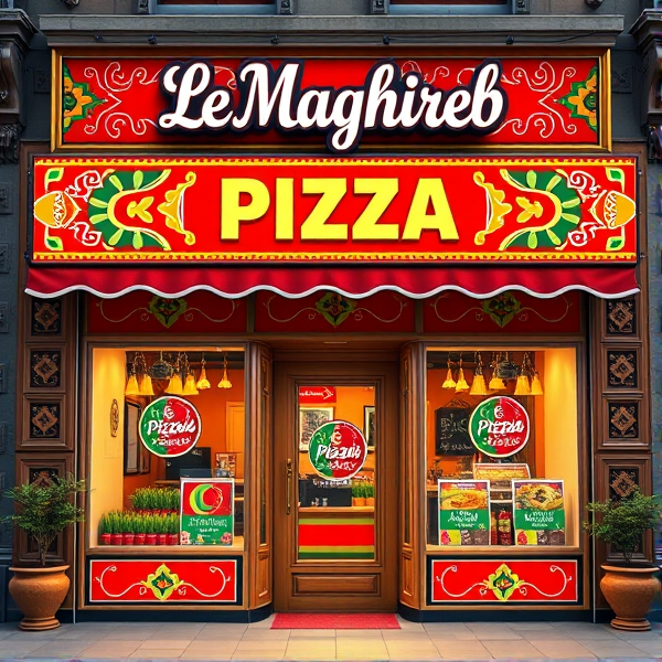 Generate a realistic image of the storefront of Pizza  store It should have a bright and colorful facade with traditional Algerian decorations. The sign should read 'LeMaghreb Pizza' in a playful and inviting font.