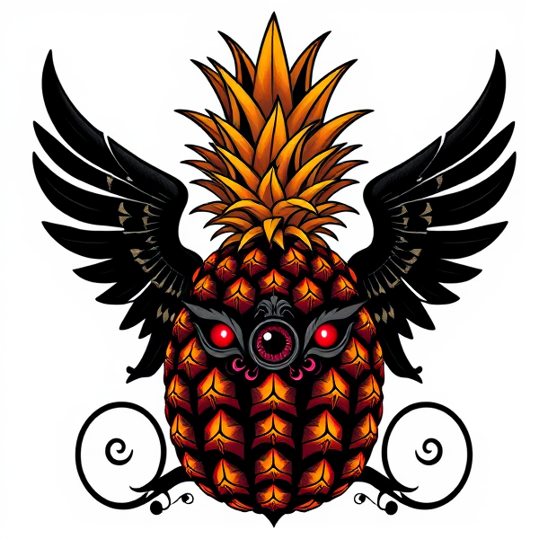 Conception d'un logo raffiné et élégant présentant un ananas aux nuances subtiles d'orange, de jaune et de rose, méticuleusement stylisé avec des éléments gothiques marquants pour évoquer une ambiance sombre et intimidante. Cet ananas doit être orné de motifs victoriens complexes et finement ciselés, tout en intégrant subtilement des symboles ésotériques tels que pentacles et œil d'Horus, dissimulés parmi les ornements pour apporter une touche mystérieuse. La texture du fruit est conçue pour rappeler le cuir noir haut de gamme, ponctuée d'épines acérées bien définies qui ajoutent un caractère menaçant à l'ensemble. Les yeux incrustés dans l'ananas émettent une lueur rouge profond, presque surnaturelle, conférant à la création une aura malveillante palpable. Le design global se veut sophistiqué et mature, capturant l'essence d'une époque victorienne teintée de mystère et parsemée discrètement d'éléments occultes pour charmer un public averti.