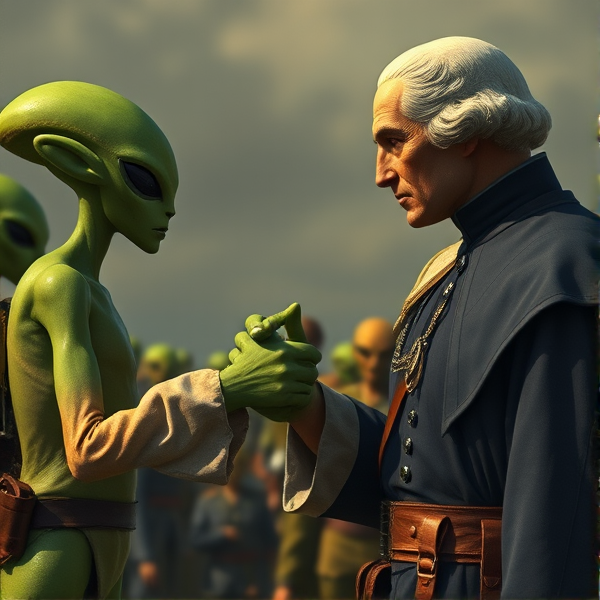 George Washington shaking a green aliens hand during wartime