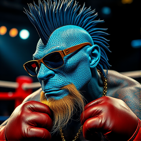 Cool old blues singer with blue lizard scales for skin. Aviator glasses, mohawk and goatee. Shaping up in boxing ring to huge wrestler