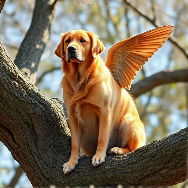 Envision a creature of enchantment, the seamless hybridization of a golden retriever's physique with the avian elegance of a robin. Its form is that of a noble retriever, its coat a shimmering gold that dances with the sunlight's touch. Emblazoned upon its breast is the robin’s distinctive chestnut-red hue, offering a vivid contrast against the glinting golden fur. The creature’s eyes are warm and gentle, mirrors to its amiable soul, akin to those of its retriever lineage. Sprouting from its back are wings befitting a robin—sleek and feathered—signifying its readiness to soar. It sits poised with regal composure upon the bough of an ancient tree, emblematic of an exquisite melding between canine loyalty and avian grace.