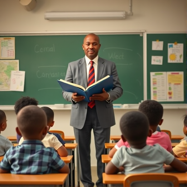 Directeur d'école afro-américain debout tenant un classeur ouvert dans ses mains portant un costume formel, dans une salle de classe avec un tableau vert, s'adressant  à un groupe d'élèves afro-américaines attentives de huit ans assises à leurs pupitres. Ils sont entourés de matériel pédagogique adapté à leur âge, comme des cartes géographiques, des affiches éducatives et des dessins d'enfants accrochés aux murs. La scène dégage une atmosphère chaleureuse et encourageante.