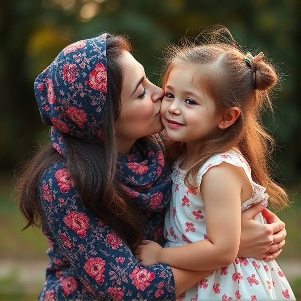 Mother kissing daughter