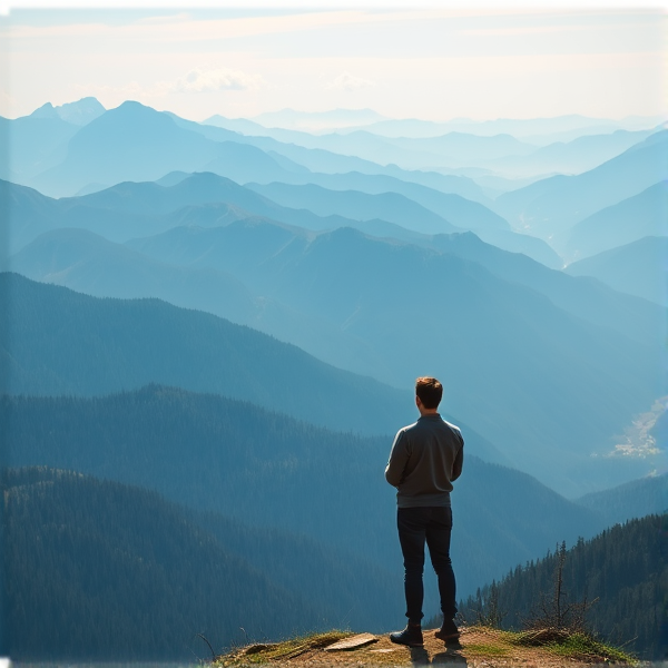 A wide scenery of mountains with a person standing glancing at the view