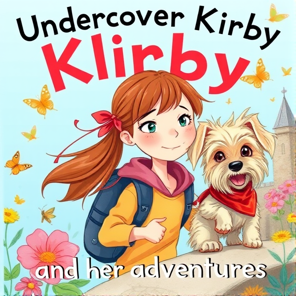 Bright and whimsical book cover design featuring a 10 year old with brown ponytail with red ribbon as the protagonist on an adventurous journey, bursting with vivid colors and elements that appeal to 10-year-old girls such as butterflies and pretty birds, and friendly cream long haired scruffy small terrier dog with long hanging ears and red bandana around neck. The artwork should capture the essence of a childlike wonder and the excitement of exploration, ideally incorporating symbols of adventure like compasses, binoculars, or hidden paths. The typography should be bold and inviting, resonating with young readers' imagination and sense of fun. The title is: Undercover Kirby and her adventures. The author name is: Jo Siggins. The style should realistic hand drawn illustration