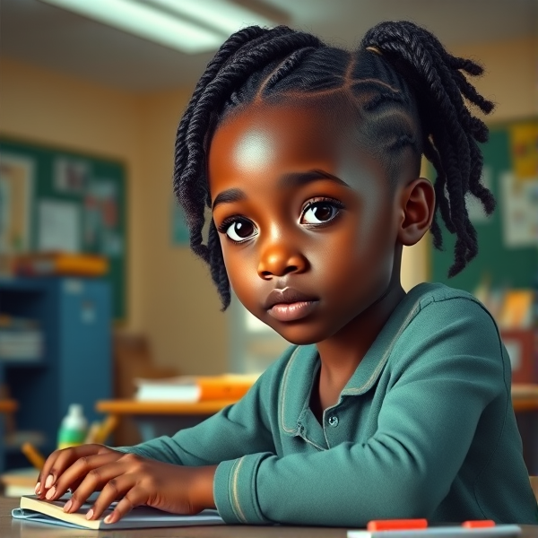 A young African girl, approximately 8 years old, with intricate braided hair, sitting attentively at her desk in a brightly lit classroom setting, surrounded by educational materials and school supplies
