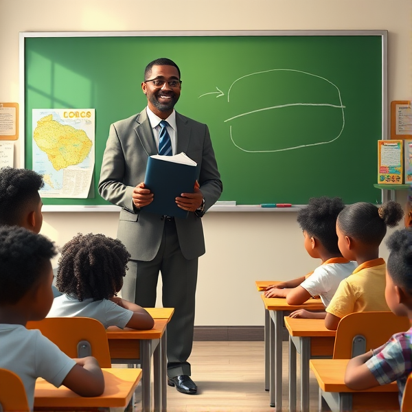 Directeur d'école afro-américain debout tenant un classeur dans ses mains portant un costume formel, dans une salle de classe avec un tableau vert, s'adressant avec bienveillance à un groupe d'élèves afro-américaines attentives de huit ans assises à leurs pupitres. Ils sont entourés de matériel pédagogique adapté à leur âge, comme des cartes géographiques, des affiches éducatives et des dessins d'enfants accrochés aux murs. La scène dégage une atmosphère chaleureuse et encourageante.