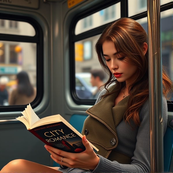 A realistic image of a beautiful girl riding on a city bus.  She is reading a book that says "City Romance" on the cover