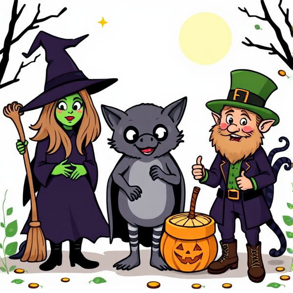 Draw a fun image of a witch, a chupacabra and a leprechaun