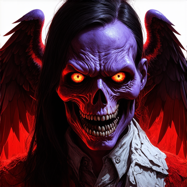 un démon effrayant et détaillé aux ailes sombres et imposantes, tenant fermement un écriteau sur lequel est inscrit "Je viendrai te chercher", avec une expression menaçante et des yeux luisants, le tout dans un décor lugubre qui évoque les enfers