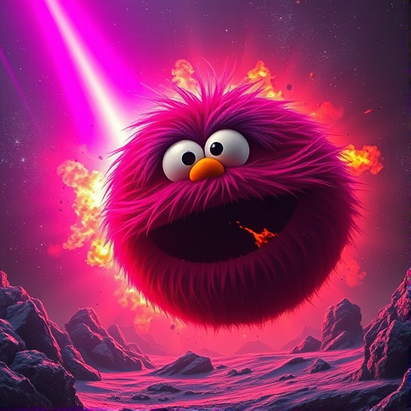 elmo exploding  planet with a purple plasma beam in the distance