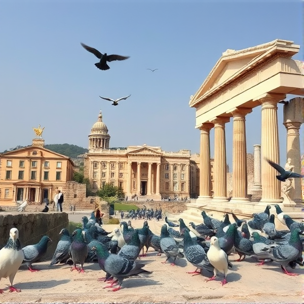 ancient greek city with pigeons