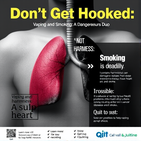 Poster Title: Don't Get Hooked

Image: A stark, black and white image of a person's lungs, one healthy and pink, the other blackened and damaged.

Slogan: Vaping and Smoking: A Dangerous Duo

Body Text:

Vaping is not harmless: It contains harmful chemicals that can damage your lungs, heart, and brain.
Smoking is deadly: It's linked to a variety of serious health problems, including cancer, heart disease, and stroke.
Quitting is possible: There are resources available to help you stop vaping and smoking.
Call to Action:

Learn more: Visit [Website or phone number for a local health organization]
Quit today: Call [Quitline number]
Additional elements:

A QR code linking to a helpful resource
A graphic illustrating the harmful effects of vaping and smoking
A testimonial from someone who has successfully quit
Design:

Use bold, contrasting colors to grab attention.
Keep the layout clean and easy to read.
Use a font that is both legible and visually appealing.
Note: Consider using a local dialect or slang to make the message more relatable to your target audience