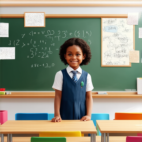 jeune fille noire de 10 ans, vêtue d'un uniforme scolaire, debout souriante et concentrée devant un tableau noir rempli de calcul mathématique dans une salle de classe ensoleillée et colorée avec des bureaux en bois et des affiches éducatives sur les murs
