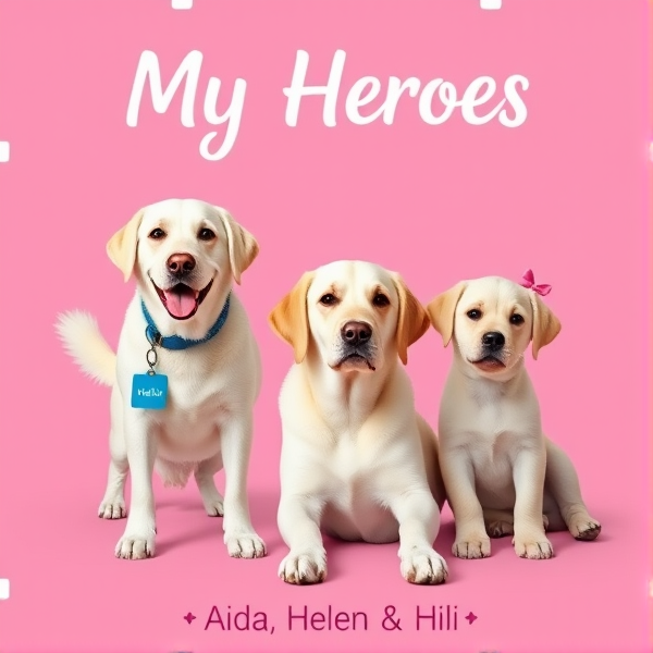 create poster with "My Heroes" and pink background. On the bottom says Aida, Helen & Hili. The poster has three female dogs. one dog is beautiful white cross-breed labrador and golden retreiver guide dog standing with a smile and wagging tail with blue name tag says Aida. next to her is laying a light colored beautiful labrador with red name tag that says Helen. Helen's long ears are a bit darker at the bottom. next to Helen sits a beautiful light colored fit golden and labrador cross bread not puppy with long light ears smiling with a pink bow in her ear.
