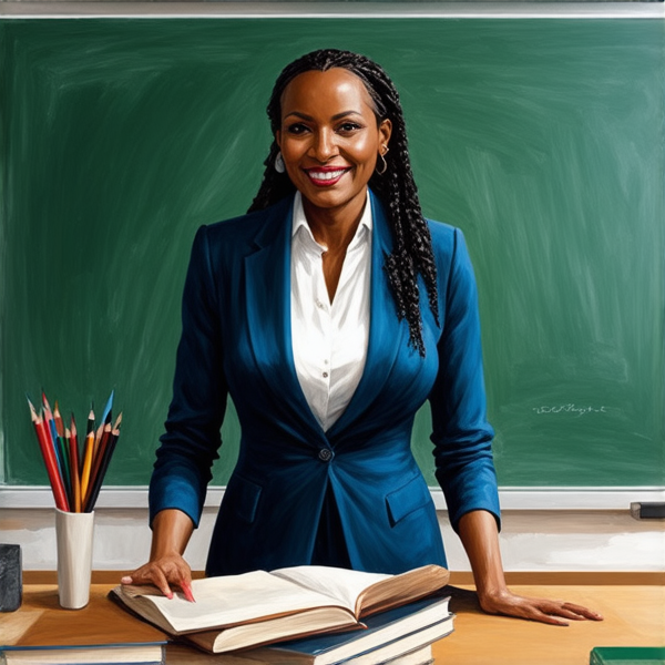 Une institutrice africaine élégante de 50 ans avec des tresses africaines traditionnelles, vêtue d'un uniforme se tient debout devant un tableau noir dans une salle de classe lumineuse et bien rangée, souriante et prête à enseigner. Elle est entourée d'élèves noirs âgés de 10 ans et de fournitures scolaires typiques comme des livres, des cahiers et des crayons, accentuant son rôle d'éducatrice.