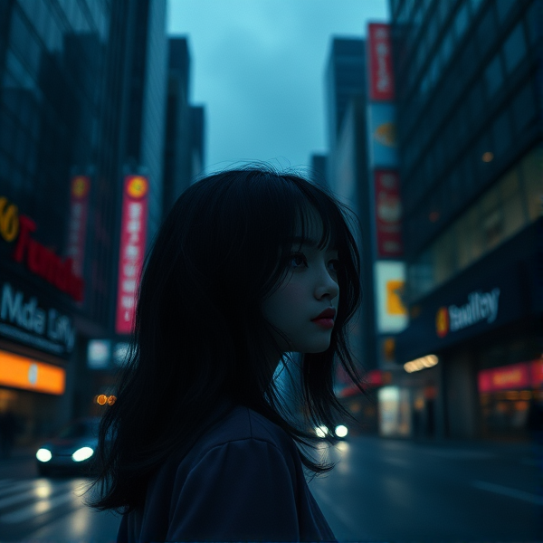 A girl with black hair in a dark city