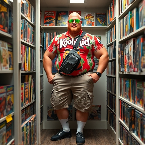 A bald 300 lb muscular man  wearing cargo shorts, a kool-aid man shirt, white socks, sketchers shoes, neon green cycling glasses, cross body bag, standing  in the closet of a comic book shop