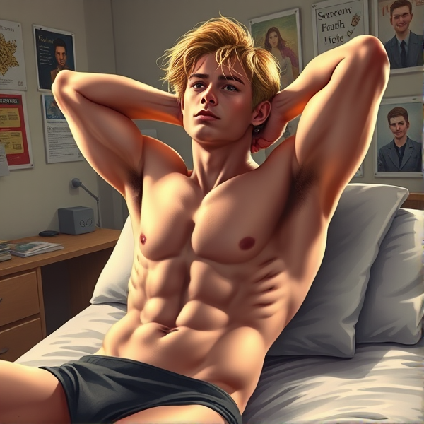 A realistic depiction of a shirtless college-aged man with golden hair, lying back on his bed in a dorm room. His body is sculpted and muscular, with defined abs and a chiseled chest, resembling the physique of an Adonis. He has his hands behind his head, and his expression is relaxed. The dorm room should be simple, with a few posters on the wall, a desk with books, and minimal clutter. The lighting should highlight the definition of his muscles and cast soft shadows