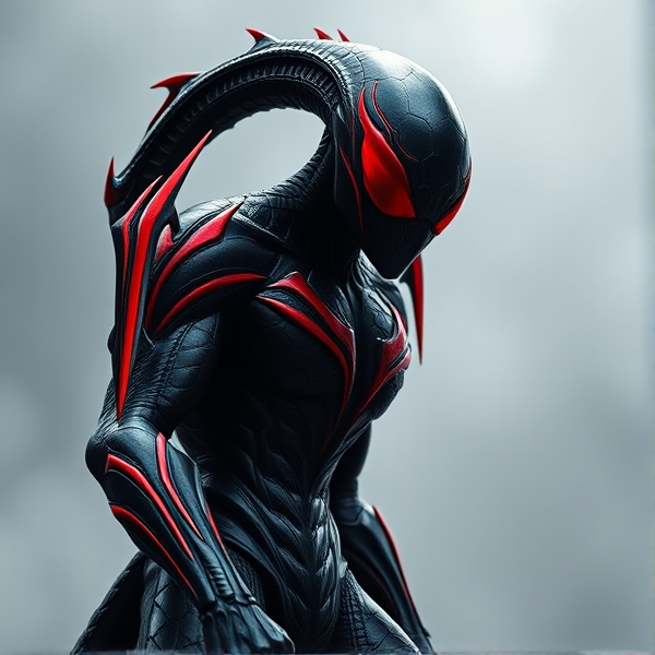 Créer une image d'un symbiote noir et rouge avec une lame rouge sur les bras