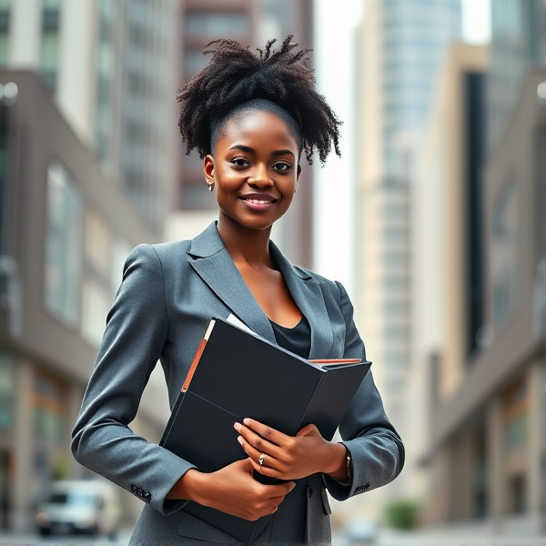 young African woman dressed in a stylish business suit, confidently holding a binder in her hands against an urban backdrop