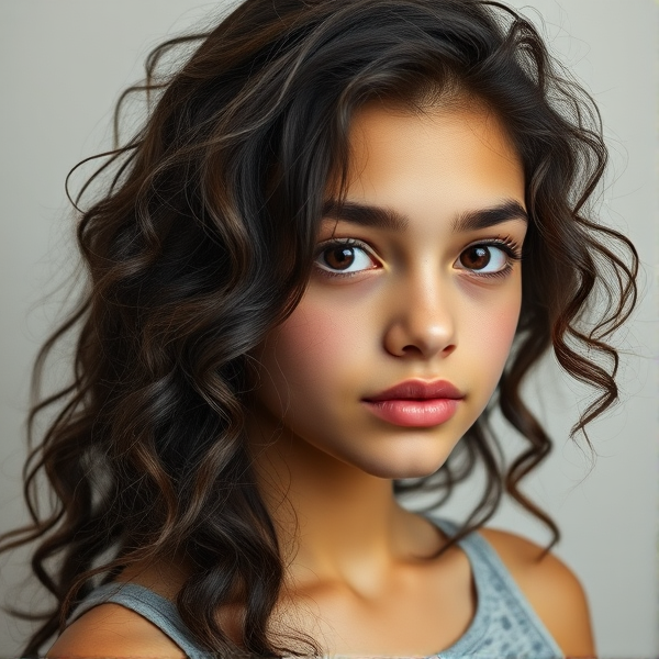 A 16 year old girl with long naturally curly dark brown hair, short eyelashes, high-ish cheek bones, brown eyes, medium thick eyebrows, medium thick lips, slight tan skin, slight natural blush light under eyes thinner eyebrows. In realism