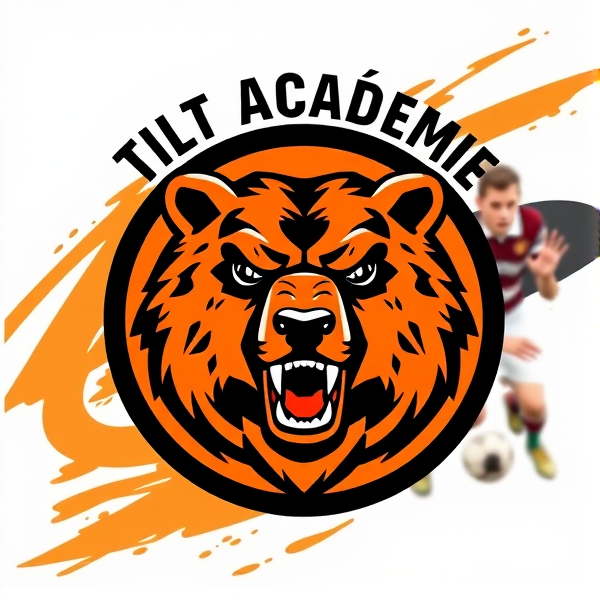 Dynamic soccer team logo featuring a fierce grizzly bear emblem at the center, predominant colors of orange and black, circular shape with a thick black border, 'Tilt Académie' text in bold font arched across the top of the circle, stylized background suggesting movement and sports passion, subtle football elements incorporated into the design