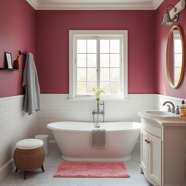 bathroom with mauve walls and pink bath mat  and gray towels