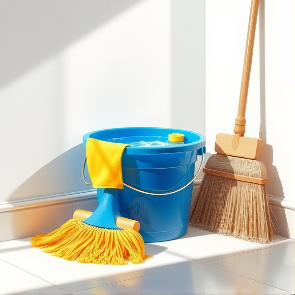 A meticulously arranged cleaning corner in a brightly lit room, featuring a shiny blue bucket filled with crystal-clear water, a neatly folded yellow mop resting beside it, a stiff-bristled scrub brush, and an upright broom with clean, natural straw bristles set against the wall. Soft shadows accentuate the textures of each object and the clean, tiled floor reflects the ambient light